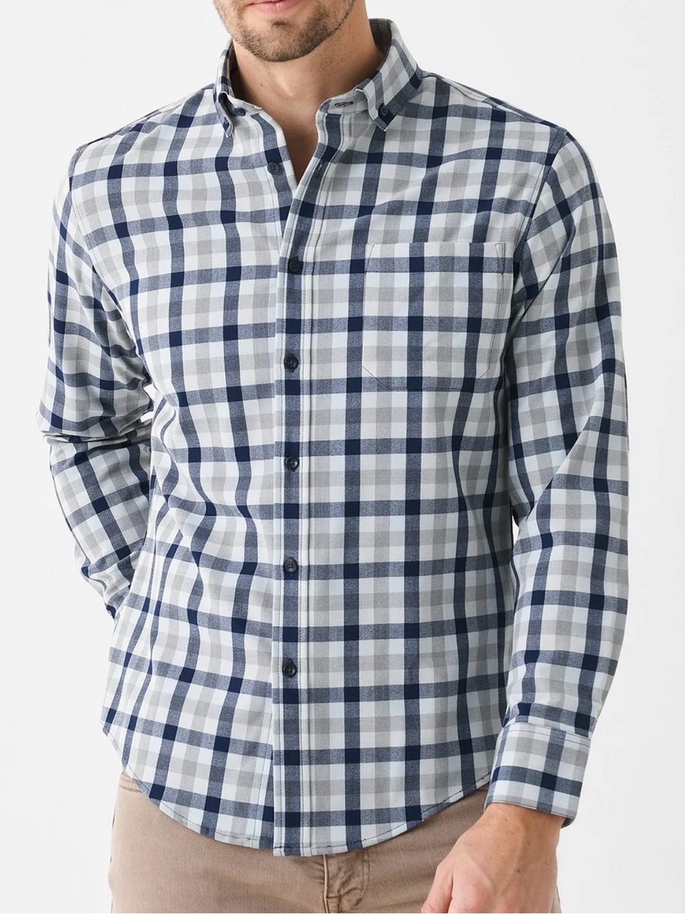 Mizzen+Main Navy and Gray Plaid Performance Button-Down (XL)